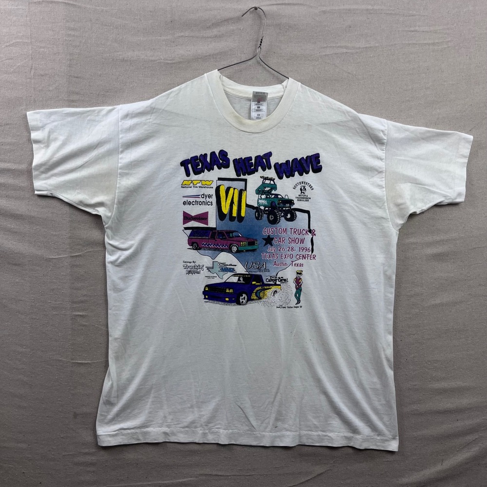 Fruit of the Loom Texas Heat‎ Wave T Shirt Mens XXL White 1996 Car Show Graphic